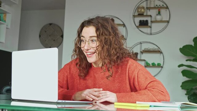 Young happy woman office worker student feeling excited winning online scholarship, looking at laptop celebrating professional achievement, receiving good online exam results or getting hired at work.