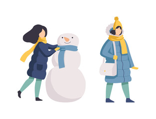 Young Woman Enjoying Winter Building Snowman and Walking in Warm Clothes Vector Set