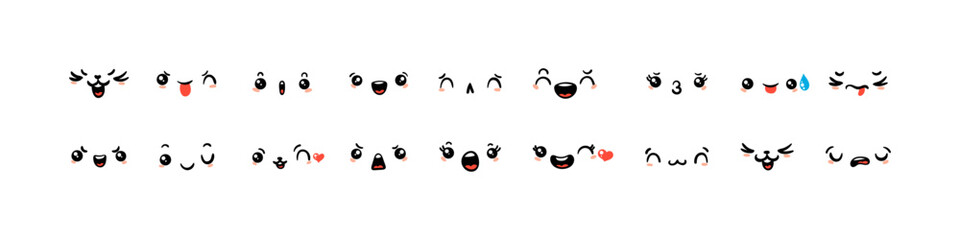 Various Cartoon Emoticons Set. Doodle faces, eyes and mouth. Caricature comic expressive emotions, smiling, crying and surprised character face expressions