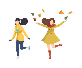Young Woman Enjoying Winter and Autumn Ice Skating and Throwing Foliage Vector Set