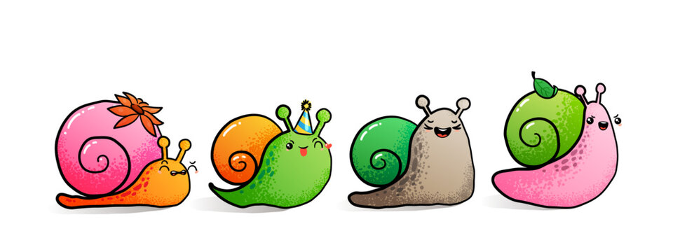 Kawaii snail character with shell and cartoon snailfish or snail-like mollusk. Kids illustration, set of lovely snail-paced slugs with random emoji, isolated on white background