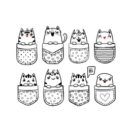 Hand Drawn Cat, Kitty, Kitten. Cute kawaii animals sitting in a pocket. Sketch, print design, illustration, children print on t-shirt