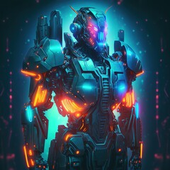 Sci-fi robotic exoskeleton armor with human operator inside, robot with neon glow on face 3d illustration Generative AI