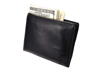 leather wallet with money american dollars isolated on white, concept of shopping, savings, investment, donations