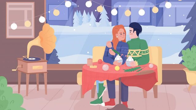 Animated romantic date illustration. Wintertime activity. Holiday season. Christmas. Looped flat color 2D cartoon characters animation on interior background. HD video with alpha channel