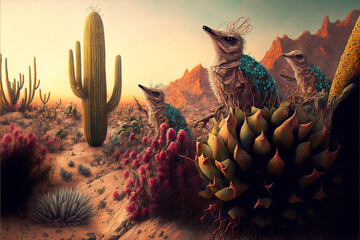 Beautiful Cactus Desert Landscape with Birds