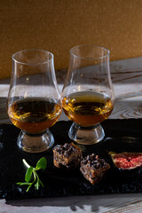 Scotch single malt and blended whisky tasting on distillery in Scotland close up