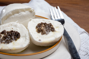 White balls of Italian soft cheese Mozzarella di Bufala Campana stuffed with black truffles mushrooms