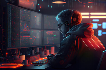 hacker front of his computer committing digital cybercrime - obrazy, fototapety, plakaty