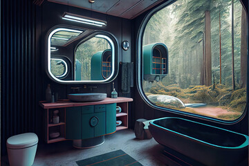 interior of a modern bathroom in a house in the forest