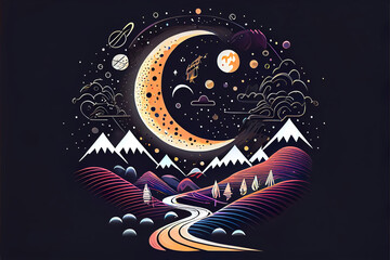 illustration of fantasy night landscape with moon and stars and snowy mountains