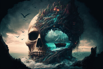 Ship sailing in an eye of giant skull