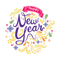happy new year wishes in handwritten letters full of colorful accents. premium vector