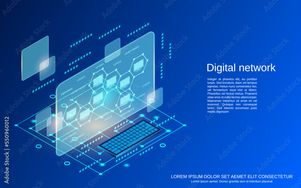 Poster digital network, web folders, remote server, data processing flat 3d isometric vector concept illust
