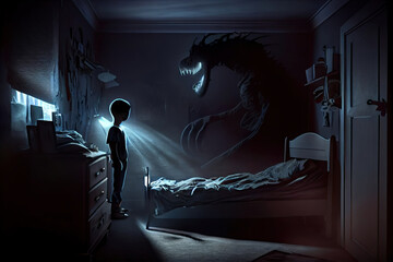 frightened child in the dark bedroom, nightmare, shadow monsters, horror scene