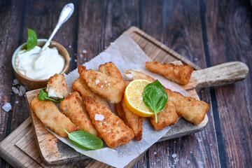   Allasca Pollock Fish  Bites in a crispy Tempura  Batter.Fish and chips .Close up of   crispy breaded  deep fried fish fingers with breadcrumbs s erved with remoulade sauce and  lemon