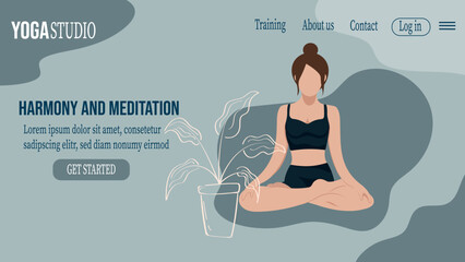 Girl meditates in a lotus position on a gray background and next to her is a houseplant. Yoga school, open yoga studio, learn more about practice concept, website. Gray vector isolated illustration