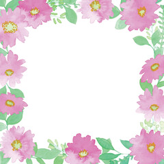 水彩画。水彩タッチのベクター植物フレーム。ピンクの花と植物の装飾枠。Watercolor painting. Vector plant frame with watercolor touch. Decorative frame with pink flowers and plants.