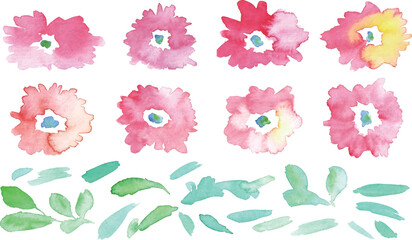 水彩画。水彩タッチの植物イラストセット。ピンクのコスモスと葉っぱのセット。Watercolor painting. Set of botanical illustrations with watercolor touch. Set of pink cosmos and leaves.