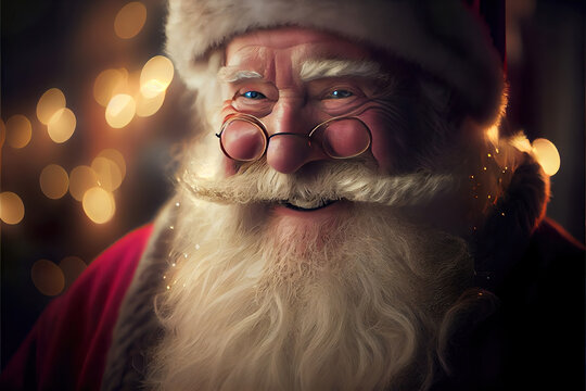 smiling santa claus with christmas lights background