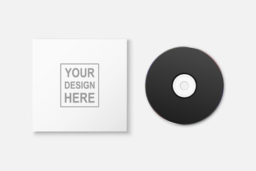 Vector 3d Realistic Black CD, DVD with Paper Cover, Envelope, Case Isolated. CD Box, Packaging Design Template for Mockup. Compact Disk Icon, Top View