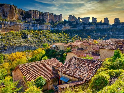 Orbaneja del Castillo village, famous village for its cascades Burgos province, Spain