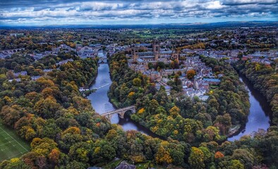 Aerial shot of Durham a cathedral city in the North-East of England