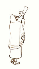 Pencil drawing. The priest blows the trumpet