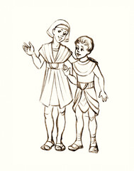 Pencil drawing. Children in ancient Egyptian clothes
