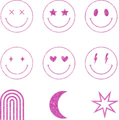 Pink glitter smiley faces with stars, hearts, lightning and boho shapes
