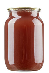 Homemade compote in a glass jar isolated on white background. Preserved organic food from garden.