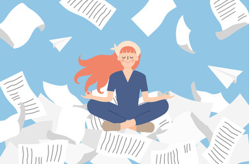 Overwhelm office task for business person, business woman with overwhelm works, concentrate office woman vector, busy business woman vector, work life balance vector, lifestyle of businessman vector.
