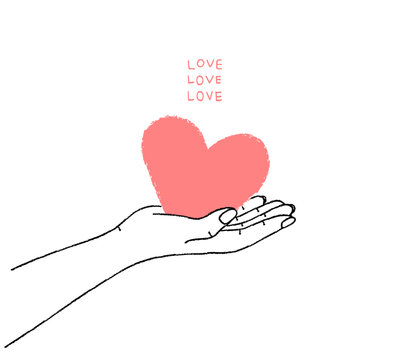 Hands holding a heart symbol. More love, Concept of charity and donation. Give and share your love to people. Close up of hand. Banner, Poster, Web, Print. Hand drawn style. Vector Line illustration