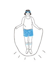 Happy cute boy skipping. Man doing Exercise with speed jumping rope in 3 step. Healthy lifestyle. Slim body. Athletic man. Male athlete. Hand drawn style. Simple line vector character illustration.