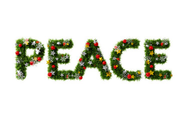 Beautiful christmas wreath like font in the shape of text PEACE with snowflake and shiny stars and red orbs on transparent background (RGBA 3D Rendering PNG)