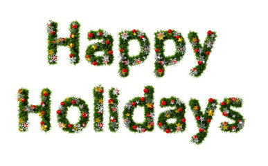 Beautiful christmas wreath like font in the shape of text Happy Holidays with snowflake and shiny stars and red orbs on transparent background (RGBA 3D Rendering PNG)