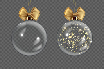 Vector Realistic 3d Transparent Christmas Glass Ball Set with Golden Glitter Closeup Isolated. Design Template of Xmas and New Year Tree Toy Decoration Ball for Mockup. Front View