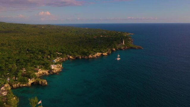 aerial view of rocky west coast of Jamaica. Negril. Evening landscape of the Caribbean Sea and the rocky coast of Jamaica in the west of the island.