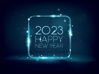 Happy new year. Neon rounded square frame with glowing effects and sparkles on dark background. Empty bright techno background. Vector illustration