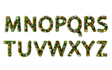 Beautiful christmas wreath like font set of upper case alphabet M to Z with snowflake and shiny stars and red orbs on transparent background (RGBA 3D Rendering PNG)