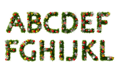 Beautiful christmas wreath like font set of upper case alphabet A to L with snowflake and shiny stars and red orbs on transparent background (RGBA 3D Rendering PNG)