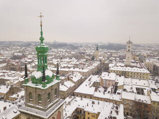 Fototapeta na wymiar Ukraine, Lviv city center, old architecture, drone photo, bird's eye view in winter