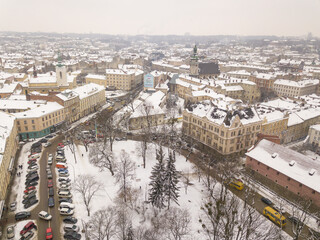 Ukraine, Lviv city center, old architecture, drone photo, bird's eye view in winter