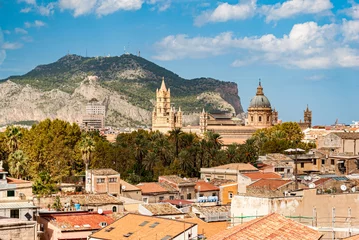 Fotobehang Panoramic view of Palermo with its cathedral and Monte Pellegrino in the background © Roberto Lo Savio