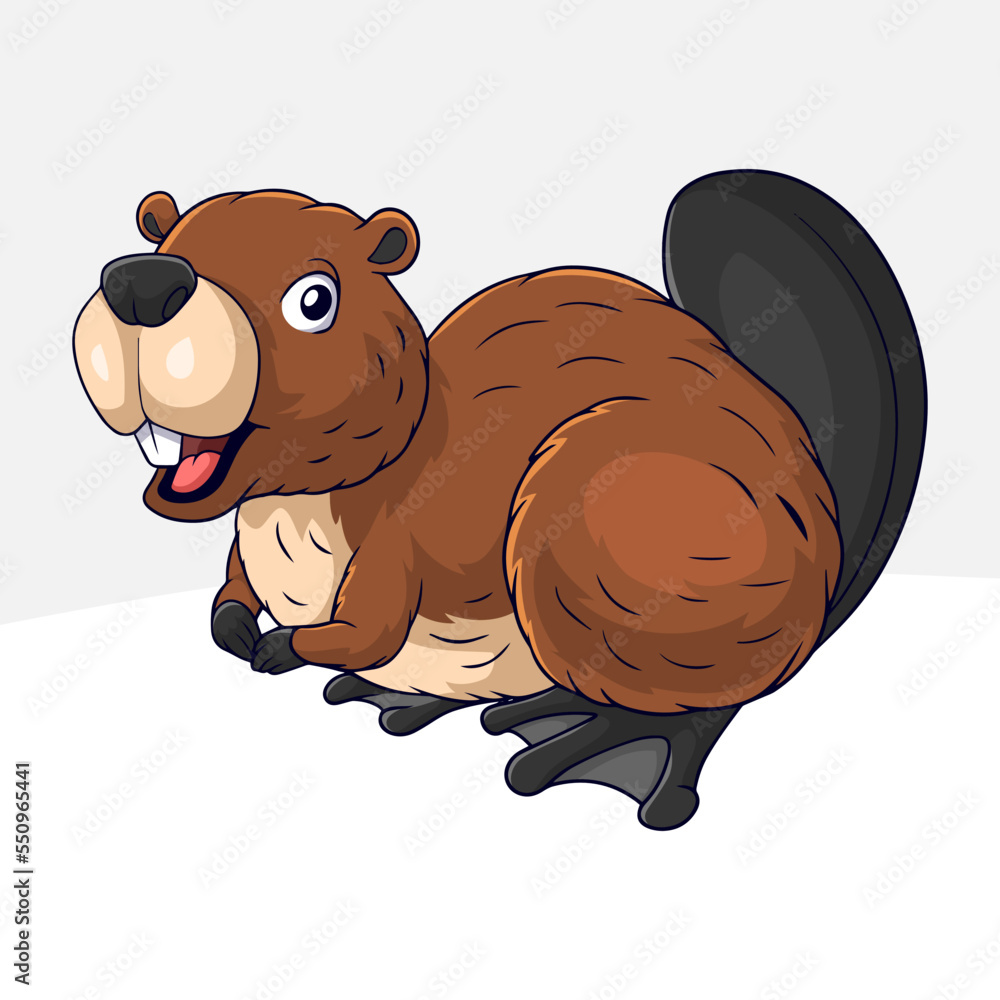 Poster cartoon cute little beaver on white background