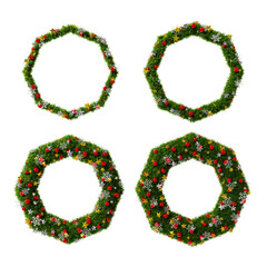 Beautiful christmas wreath graphic elements set in the shape of octagon with snowflake and shiny stars and red orbs on transparent background (RGBA 3D Rendering PNG)
