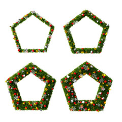 Beautiful christmas wreath graphic elements set in the shape of pentagon with snowflake and shiny stars and red orbs on transparent background (RGBA 3D Rendering PNG)
