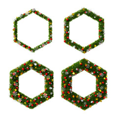 Beautiful christmas wreath graphic elements set in the shape of hexagon with snowflake and shiny stars and red orbs on transparent background (RGBA 3D Rendering PNG)