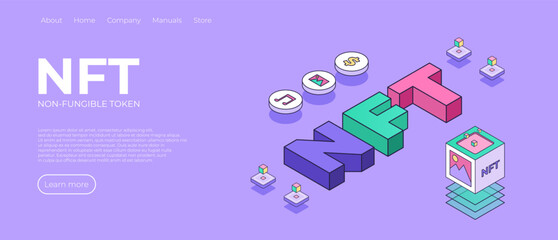 NFT theme design. Cryptographic art crypto art nft isometric composition with 3d text. Non-fungible token