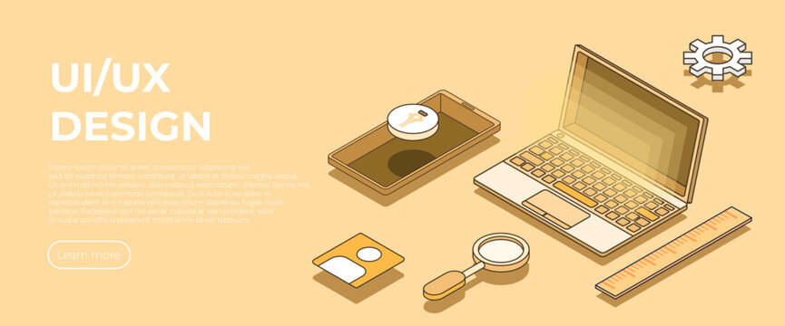 Ui ux design landing page in minimalistic style. Adaptive interface design isometric landing page. Vector illustration concept